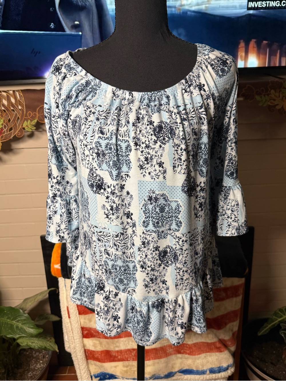 Light Blue Floral Patchwork Peasant Tunic